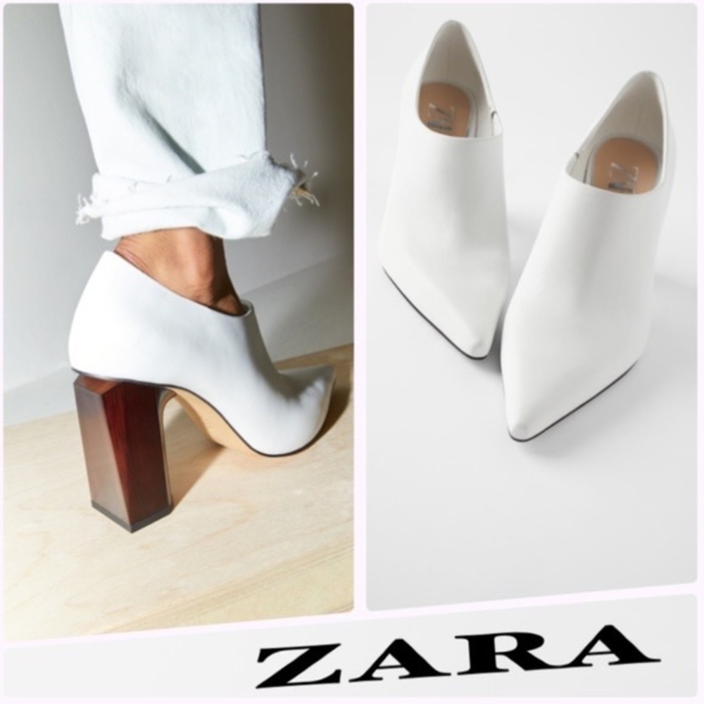 ZARA White Leather Geometric Wooden Heels